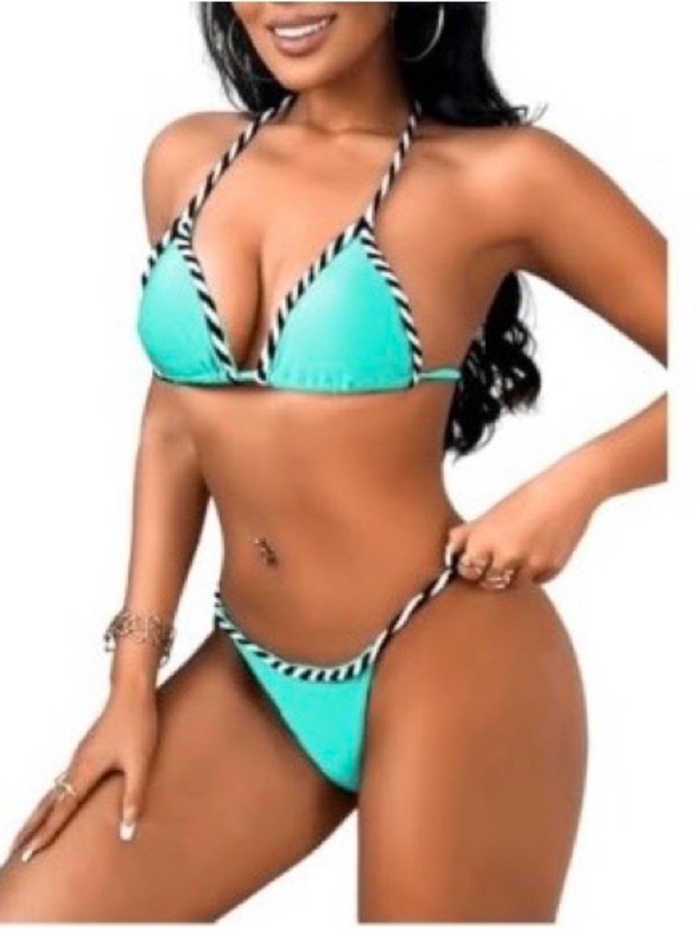 Turquoise Triangle Bikini with Contrast Stripe Trim - Women Swim
